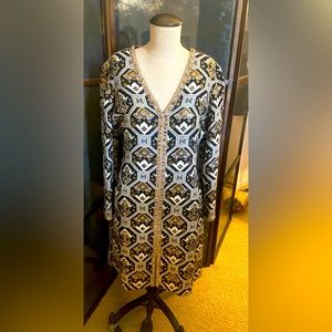 Vintage 60”s CARLYE Mid Century Shift DRESS w/Rhinestones Embroidered Geometric